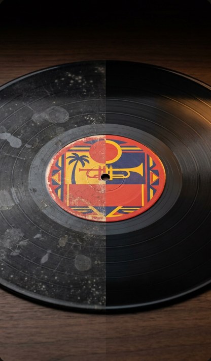 Disco de vinilo: mitad sucia con polvo y manchas, mitad lavada y brillante